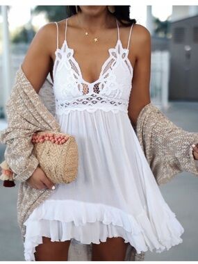 FREE PEOPLE FP One Adella Slip Dress Solid White Bride Lace Mini Ruffles Small